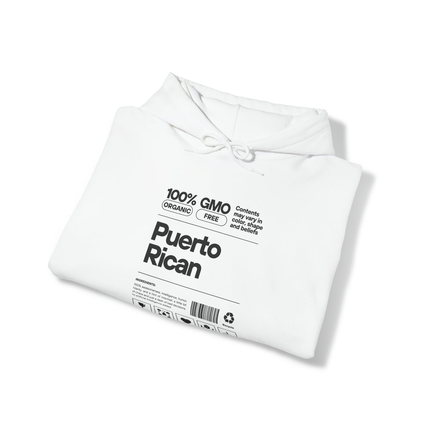 White hooded long sleeve shirt words Puerto Rican 