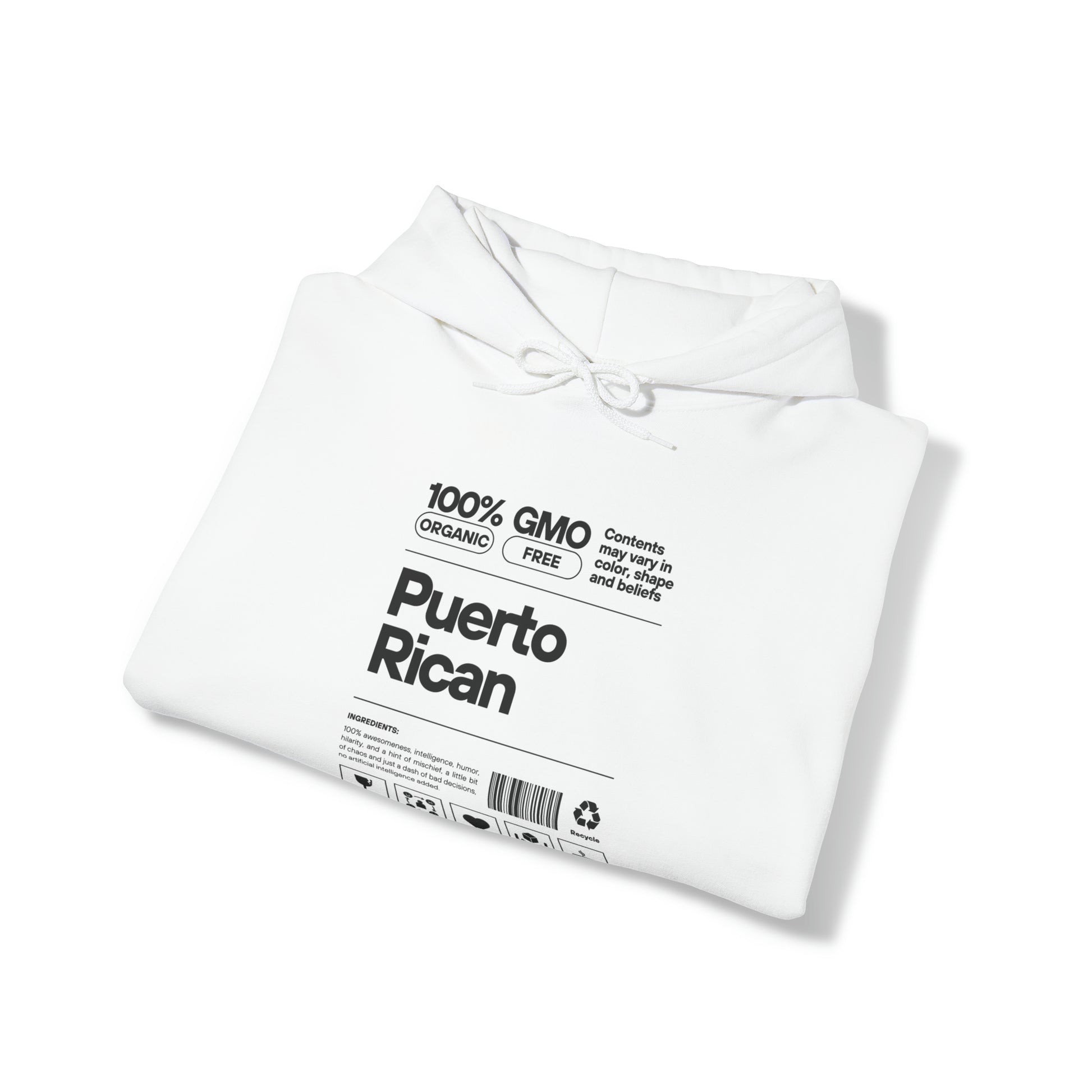 White hooded long sleeve shirt words Puerto Rican 