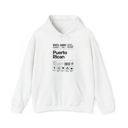 White hooded long sleeve shirt words Puerto Rican 